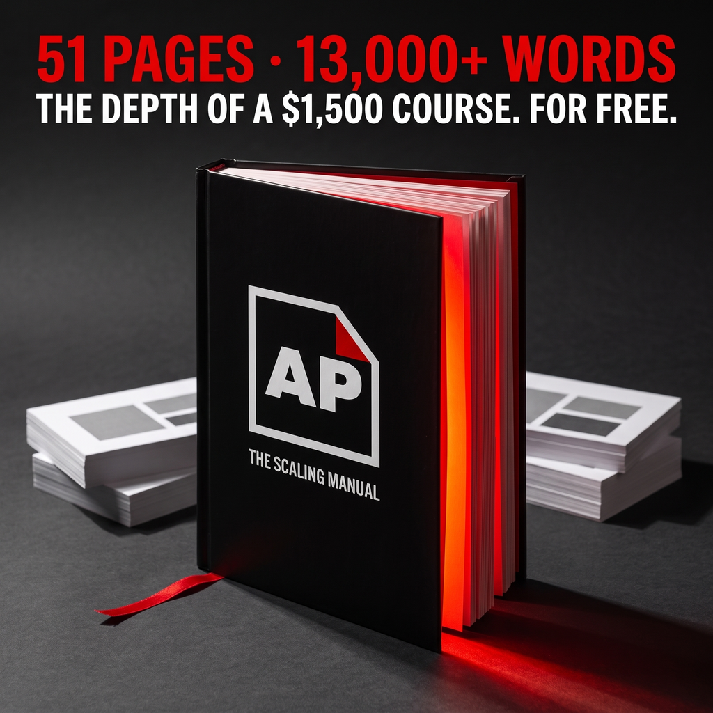 The AdPacks Scaling Manual as a thick black hardback with red page edges and a red ribbon marker. Caption: 51 pages, over 13,000 words, the depth of a $1,500 course, included free.