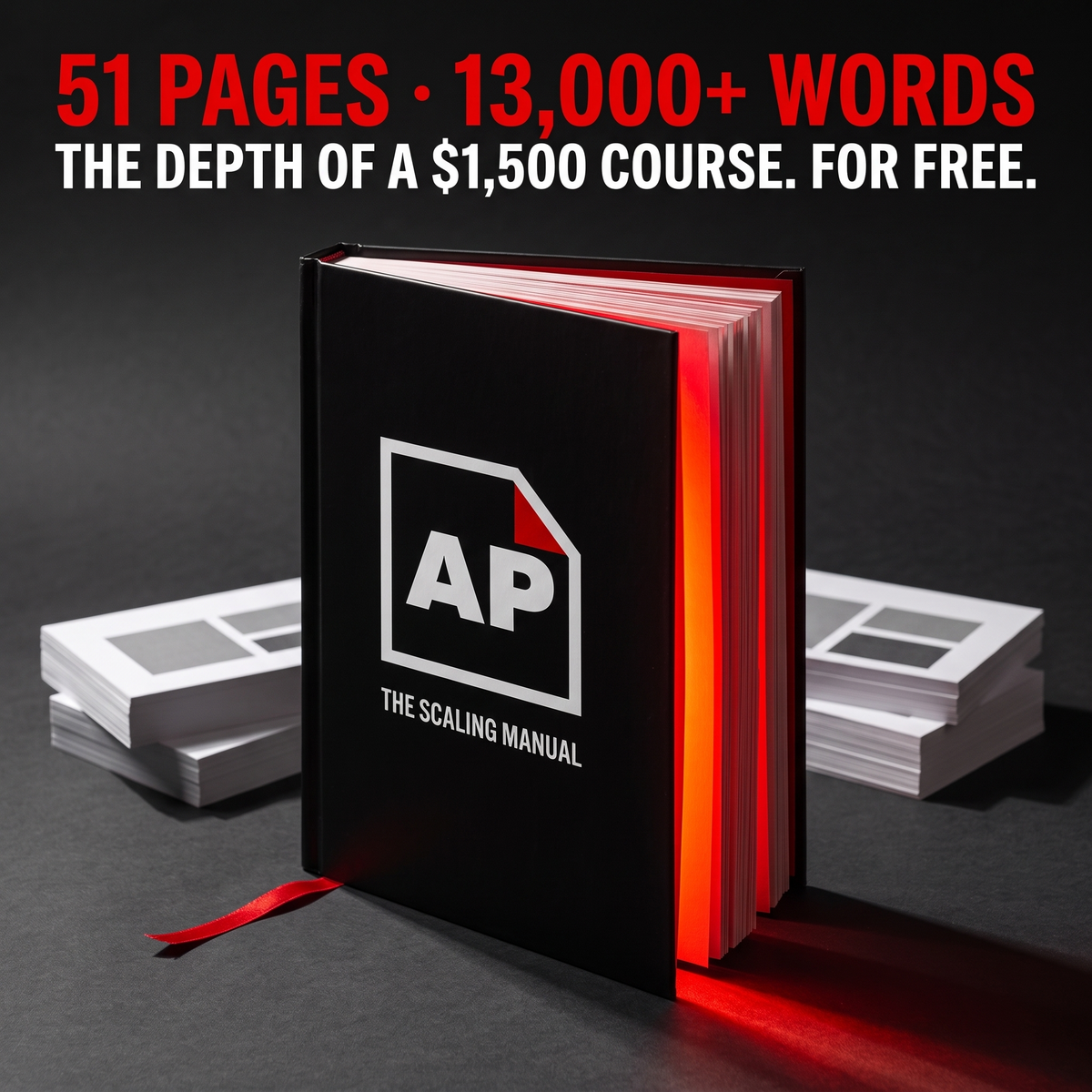The AdPacks Scaling Manual as a thick black hardback with red page edges and a red ribbon marker. Caption: 51 pages, over 13,000 words, the depth of a $1,500 course, included free.