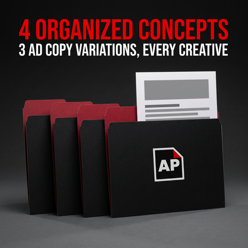 Four black AdPacks concept folders in a row, a printed ad copy sheet in the front one. Caption: 4 organized concepts, 3 ad copy variations for every creative.