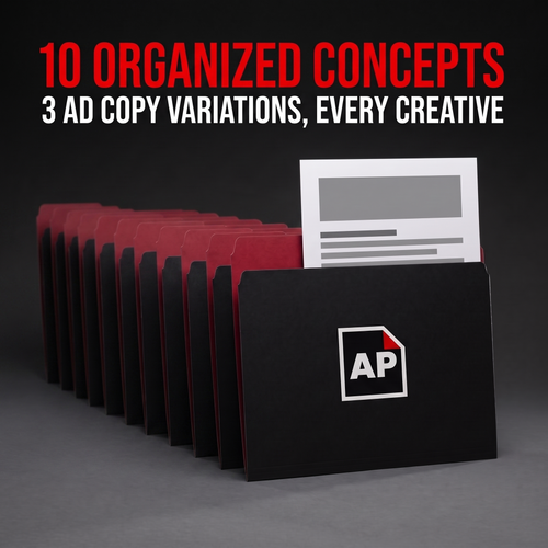 A row of ten black AdPacks concept folders, a printed ad copy sheet in the front one. Caption: 10 organized concepts, 3 ad copy variations for every creative.