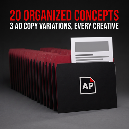 A long row of twenty black AdPacks concept folders, a printed ad copy sheet in the front one. Caption: 20 organized concepts, 3 ad copy variations for every creative.