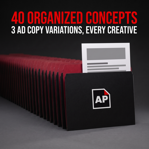 A deep row of forty black AdPacks concept folders, a printed ad copy sheet in the front one. Caption: 40 organized concepts, 3 ad copy variations for every creative.