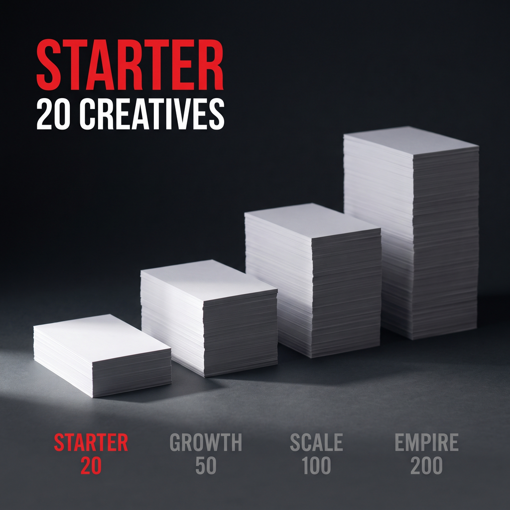 Four rising stacks of paper comparing the packs, with Starter highlighted in red beside Growth 50, Scale 100 and Empire 200. Caption: Starter, 20 creatives.