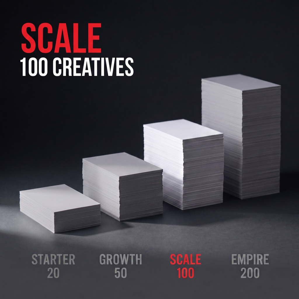 Four rising stacks of paper comparing the packs, with Scale highlighted in red beside Starter 20, Growth 50 and Empire 200. Caption: Scale, 100 creatives.