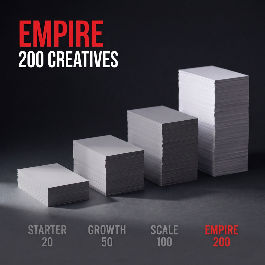Four rising stacks of paper comparing the packs, with Empire highlighted in red beside Starter 20, Growth 50 and Scale 100. Caption: Empire, 200 creatives.