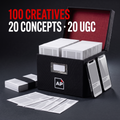 Black AdPacks archive box packed with filed ad cards, extra stacks sitting beside it. Caption: 100 creatives, 20 concepts and 20 UGC videos.