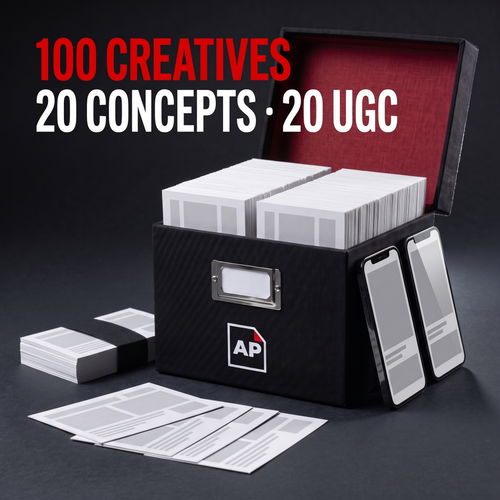Black AdPacks archive box packed with filed ad cards, extra stacks sitting beside it. Caption: 100 creatives, 20 concepts and 20 UGC videos.