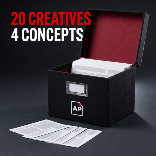 Black AdPacks archive box with its red-lined lid open and finished ad cards spilling out. Caption: 20 creatives, 4 concepts.