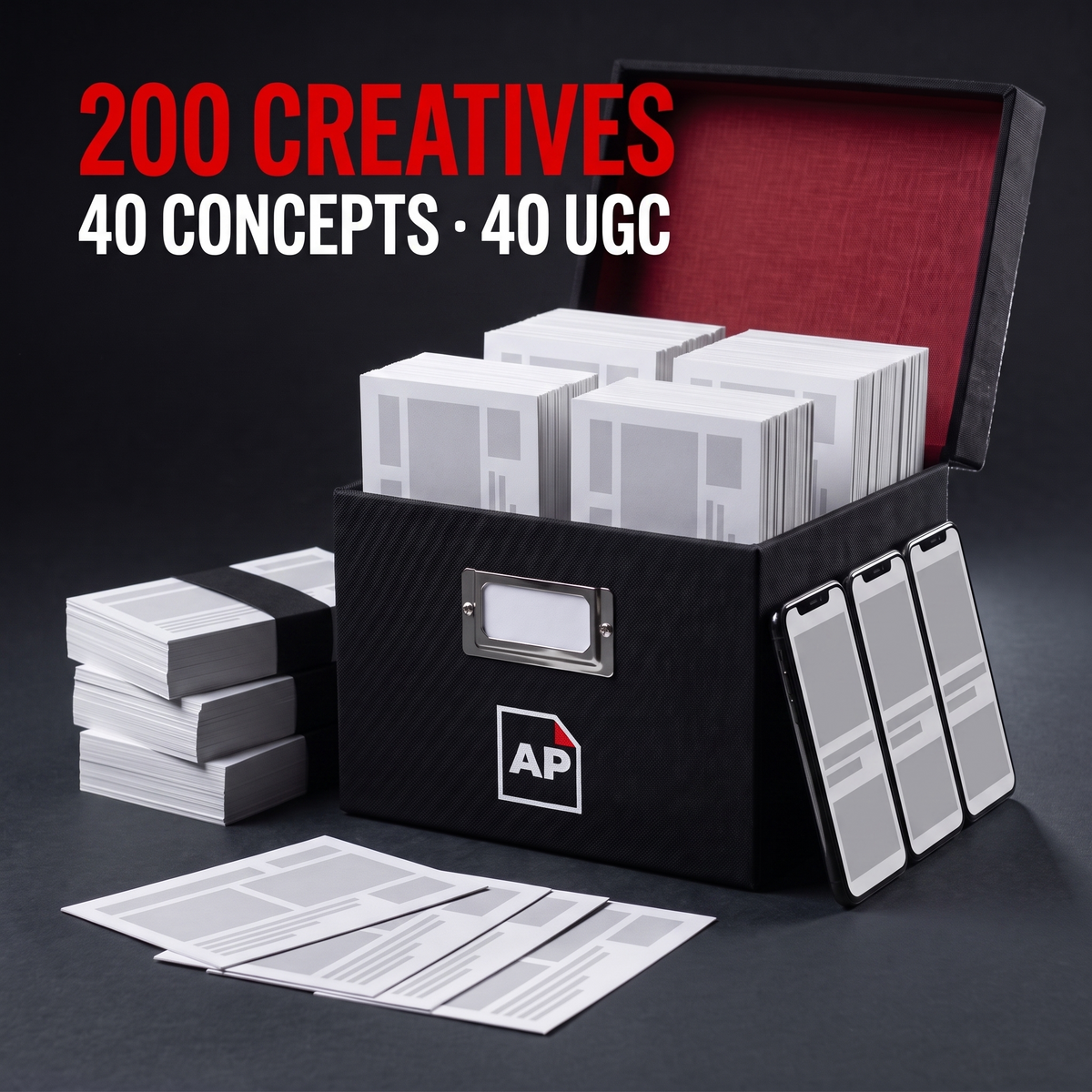 Black AdPacks archive box packed to the lid with ad cards and surrounded by extra stacks. Caption: 200 creatives, 40 concepts and 40 UGC videos.
