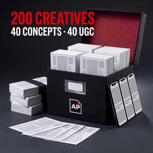 Black AdPacks archive box packed to the lid with ad cards and surrounded by extra stacks. Caption: 200 creatives, 40 concepts and 40 UGC videos.