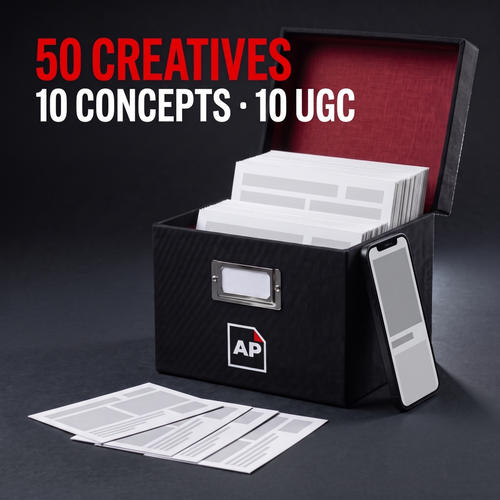 Black AdPacks archive box filled with rows of filed ad cards. Caption: 50 creatives, 10 concepts and 10 UGC videos.